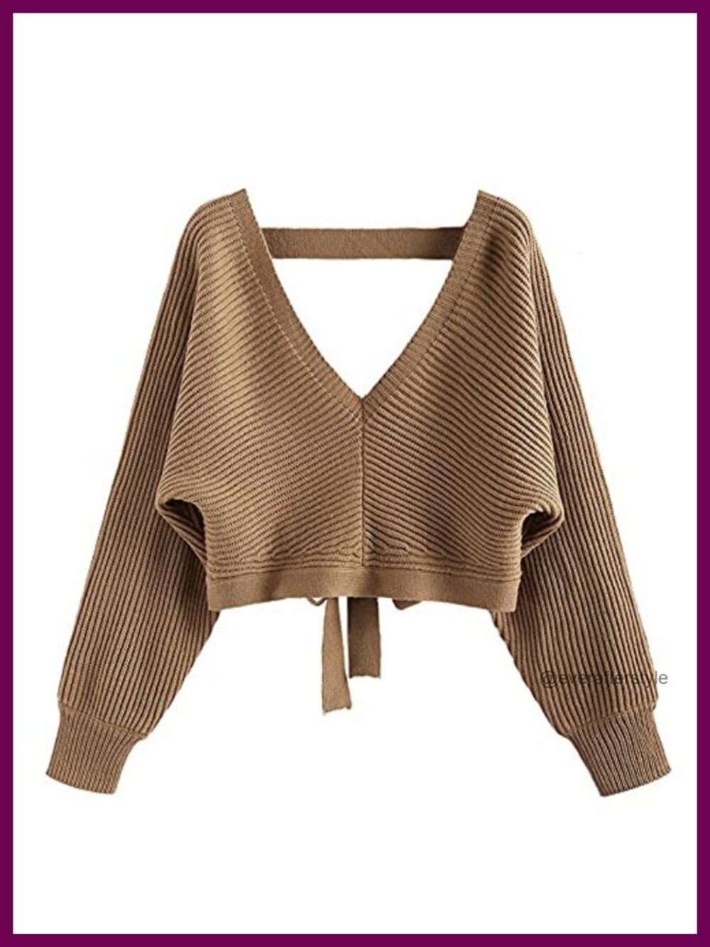 Cropped Ribbed Knit Pullover Sweater Tie Back Batwing Sleeve